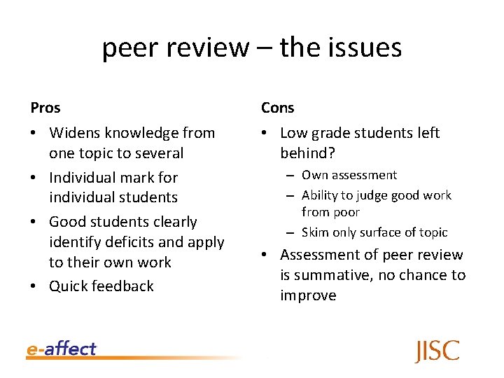 peer review – the issues Pros Cons • Widens knowledge from one topic to