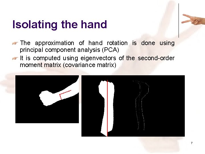 Isolating the hand The approximation of hand rotation is done using principal component analysis