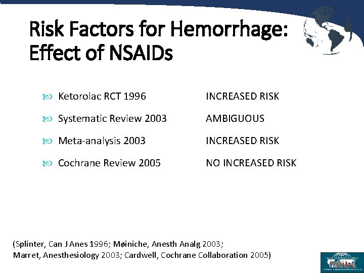 Risk Factors for Hemorrhage: Effect of NSAIDs Ketorolac RCT 1996 INCREASED RISK Systematic Review