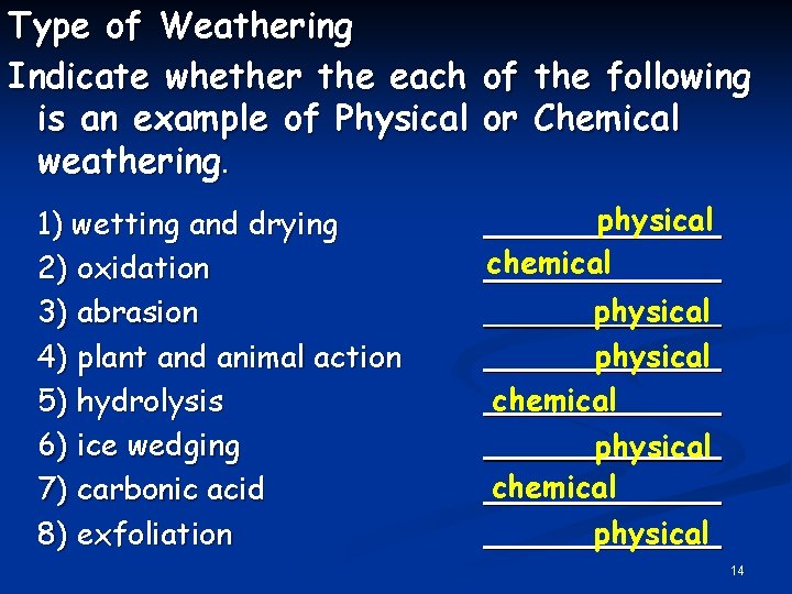 Type of Weathering Indicate whether the each of the following is an example of