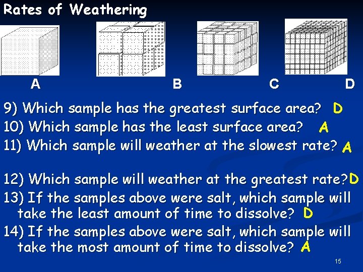 Rates of Weathering A B C D 9) Which sample has the greatest surface