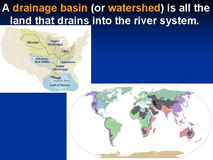 A drainage basin (or watershed) is all the land that drains into the river