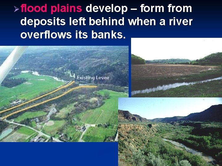 Ø flood plains develop – form from deposits left behind when a river overflows