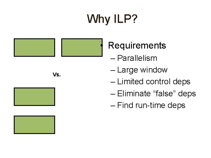 Why ILP? • Requirements Vs. – Parallelism – Large window – Limited control deps