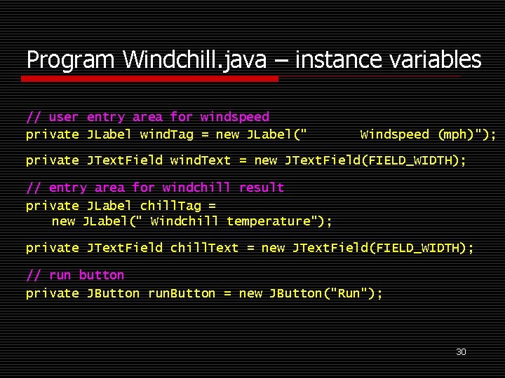 Program Windchill. java – instance variables // user entry area for windspeed private JLabel