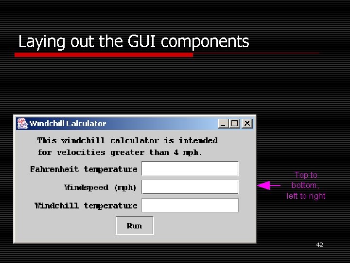 Laying out the GUI components Top to bottom, left to right 42 