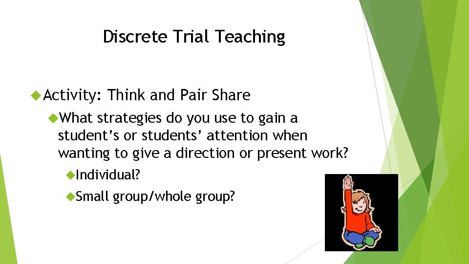Discrete Trial Teaching Activity: Think and Pair Share What strategies do you use to