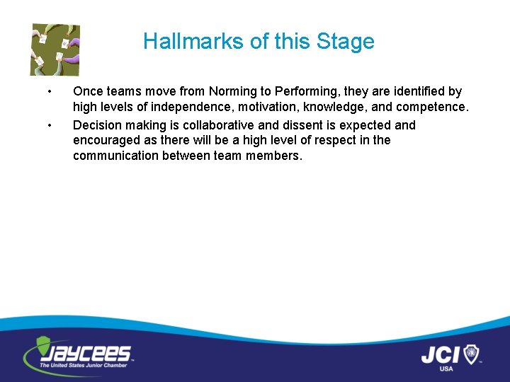 Hallmarks of this Stage • • Once teams move from Norming to Performing, they