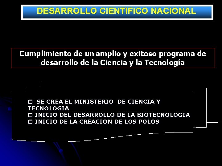 DESARROLLO CIENTIFICO NACIONAL Cumplimiento de un amplio y exitoso programa de desarrollo de la