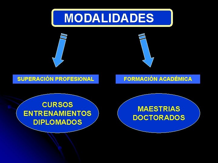 MODALIDADES SUPERACIÓN PROFESIONAL CURSOS ENTRENAMIENTOS DIPLOMADOS FORMACIÓN ACADÉMICA MAESTRIAS DOCTORADOS 