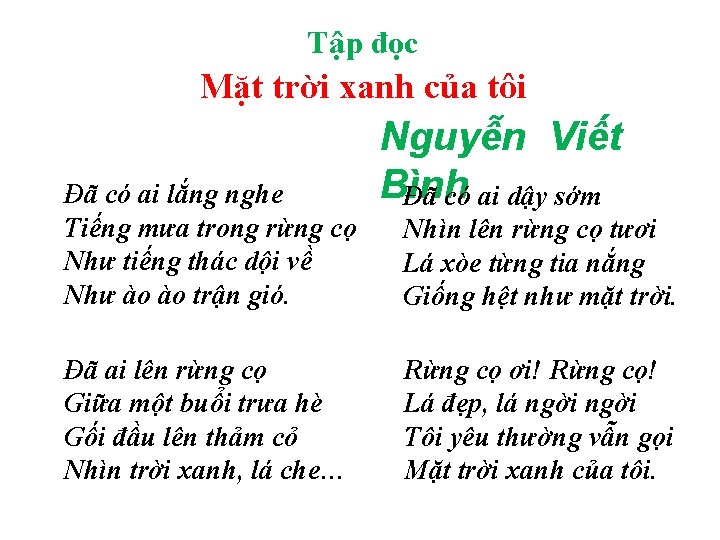 Tập đọc Mặt trời xanh của tôi Đã có ai lắng nghe Tiếng mưa