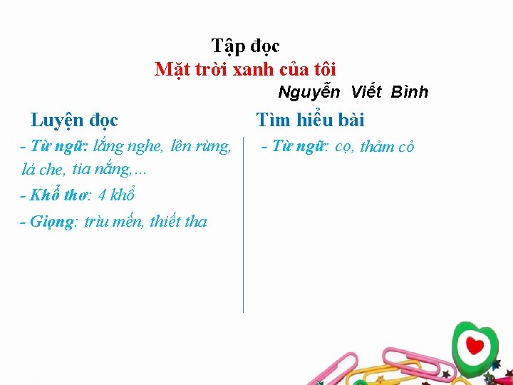 Tập đọc Mặt trời xanh của tôi Nguyễn Viết Bình Luyện đọc - Từ