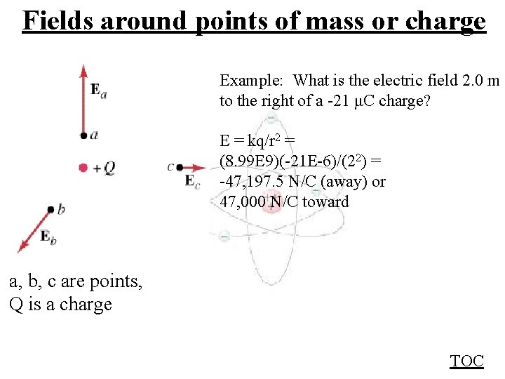 Fields around points of mass or charge Example: What is the electric field 2. Fields around points of mass or charge Example: What is the electric field 2.