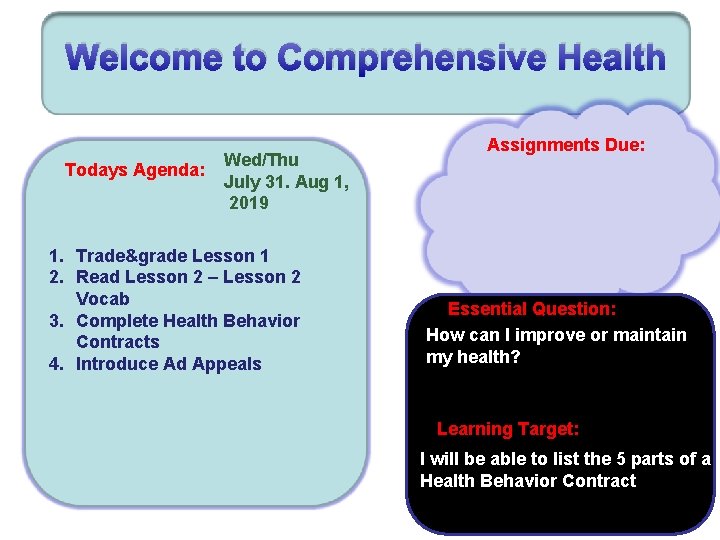 Welcome to Comprehensive Health Todays Agenda: Wed/Thu July 31. Aug 1, 2019 1. Trade&grade