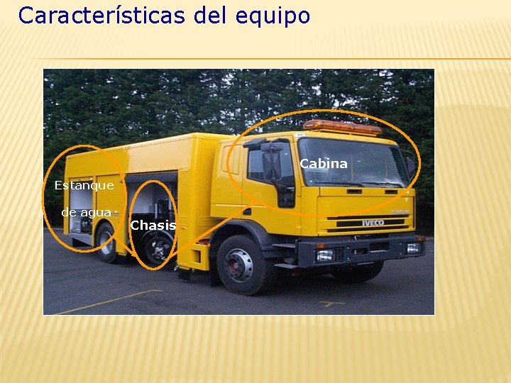 Características del equipo Cabina Estanque de agua Chasis 