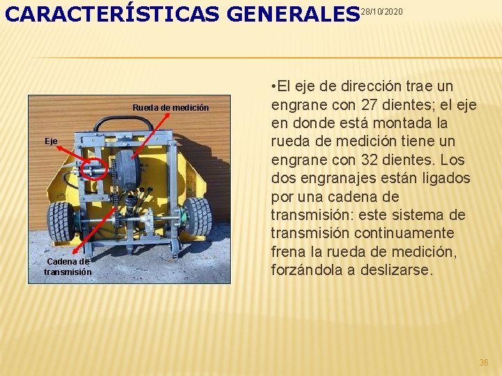 CARACTERÍSTICAS GENERALES 28/10/2020 Rueda de medición Eje Cadena de transmisión • El eje de