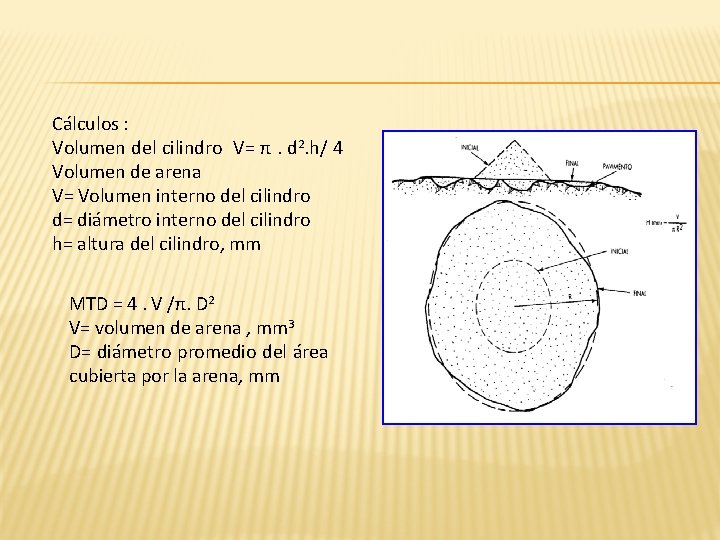 Cálculos : Volumen del cilindro V= π. d 2. h/ 4 Volumen de arena