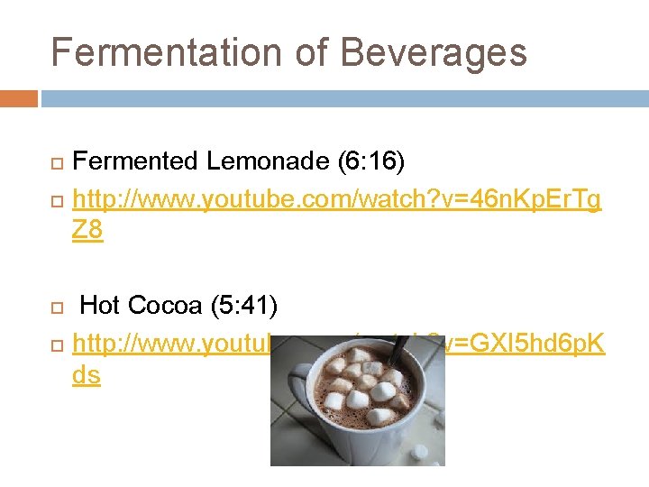 Fermentation of Beverages Fermented Lemonade (6: 16) http: //www. youtube. com/watch? v=46 n. Kp.