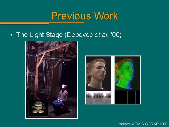 Previous Work • The Light Stage (Debevec et al. ’ 00) Images: ACM SIGGRAPH