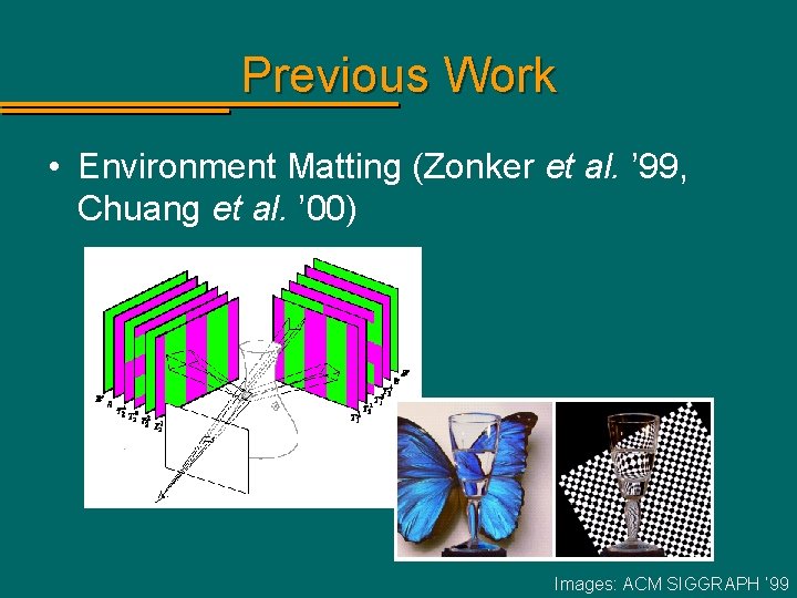 Previous Work • Environment Matting (Zonker et al. ’ 99, Chuang et al. ’