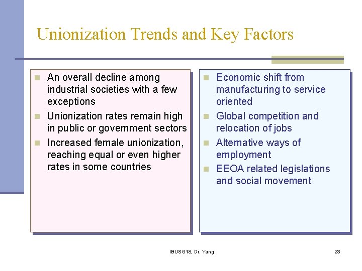 Unionization Trends and Key Factors n An overall decline among n Economic shift from