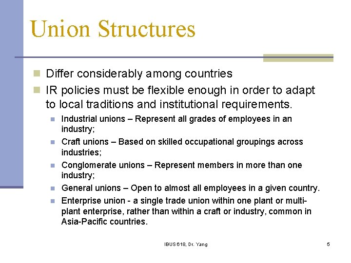 Union Structures n Differ considerably among countries n IR policies must be flexible enough