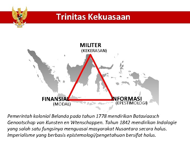 Trinitas Kekuasaan MILITER (KEKERASAN) FINANSIAL (MODAL) INFORMASI (EPESTIMOLOGI) Pemerintah kolonial Belanda pada tahun 1778