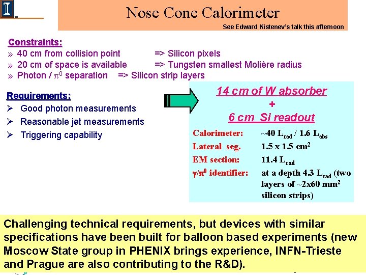 Nose Cone Calorimeter See Edward Kistenev’s talk this afternoon Constraints: » 40 cm from