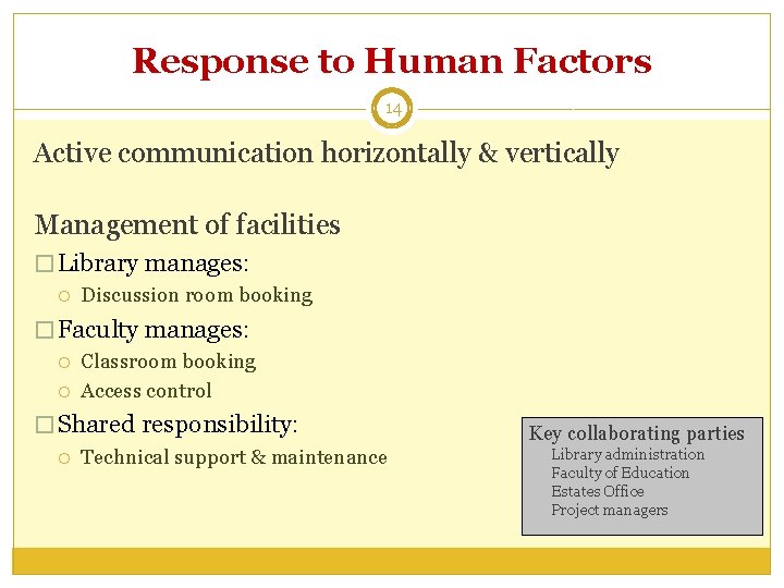 Response to Human Factors 14 Active communication horizontally & vertically Management of facilities �