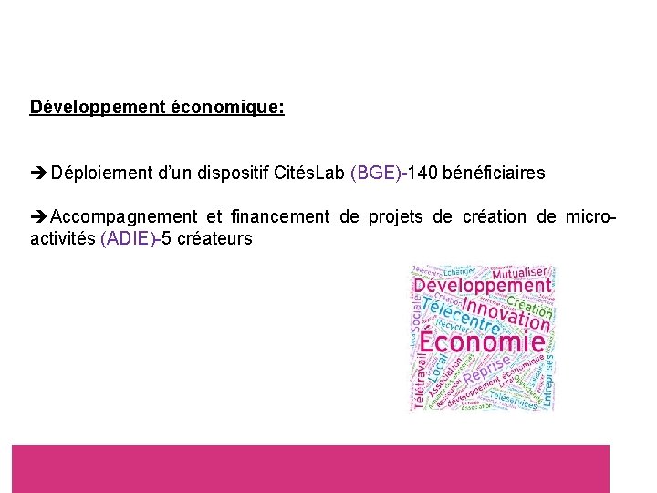 Développement économique: Déploiement d’un dispositif Cités. Lab (BGE)-140 bénéficiaires Accompagnement et financement de projets