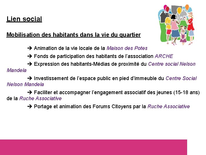 Lien social Mobilisation des habitants dans la vie du quartier Animation de la vie