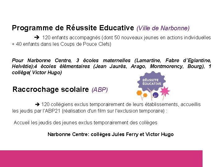 Programme de Réussite Educative (Ville de Narbonne) 120 enfants accompagnés (dont 50 nouveaux jeunes
