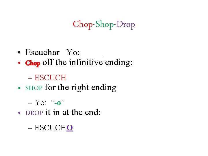 Chop-Shop-Drop • Escuchar Yo: _____ • Chop off the infinitive ending: – ESCUCH •