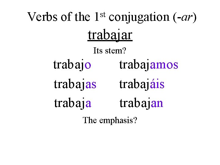 Verbs of the st 1 conjugation (-ar) trabajar Its stem? trab ajo traba jas