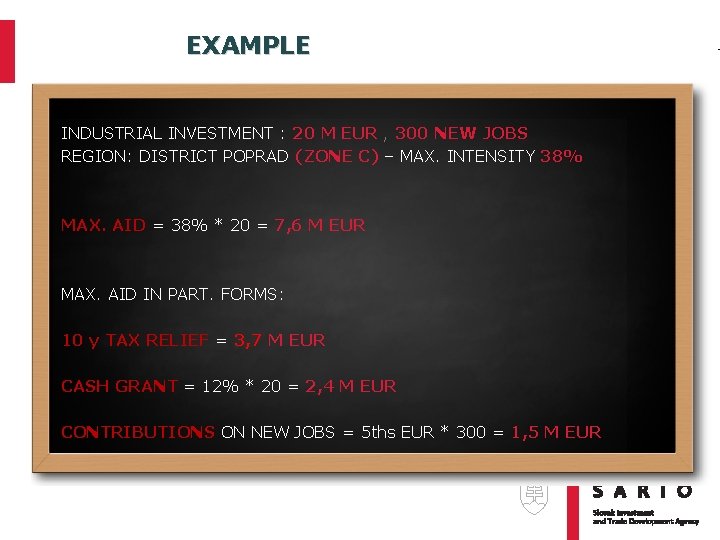 EXAMPLE INDUSTRIAL INVESTMENT : 20 M EUR , 300 NEW JOBS REGION: DISTRICT POPRAD