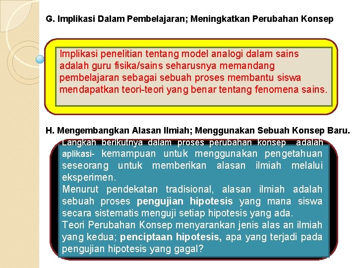 G. Implikasi Dalam Pembelajaran; Meningkatkan Perubahan Konsep Implikasi penelitian tentang model analogi dalam sains