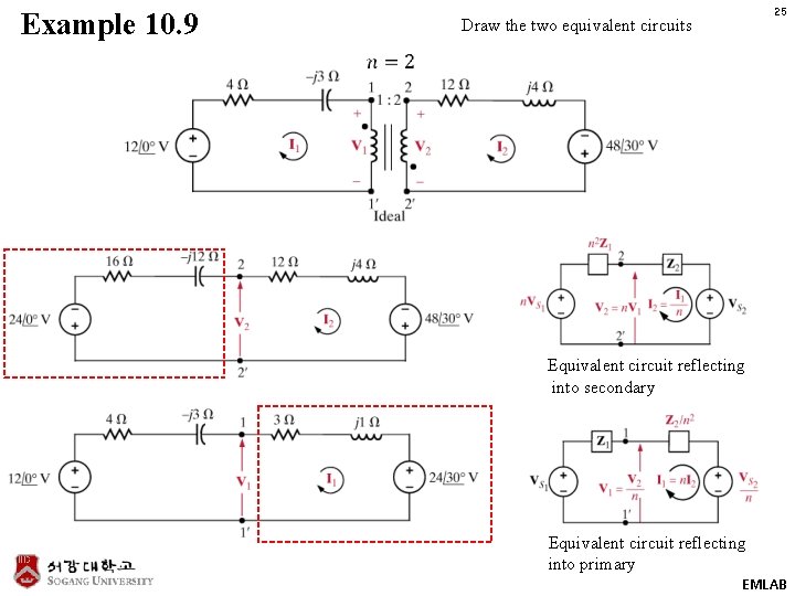 Example 10. 9 25 Draw the two equivalent circuits Equivalent circuit reflecting into secondary