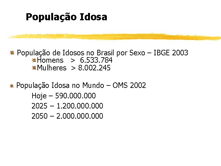 População Idosa População de Idosos no Brasil por Sexo – IBGE 2003 Homens >