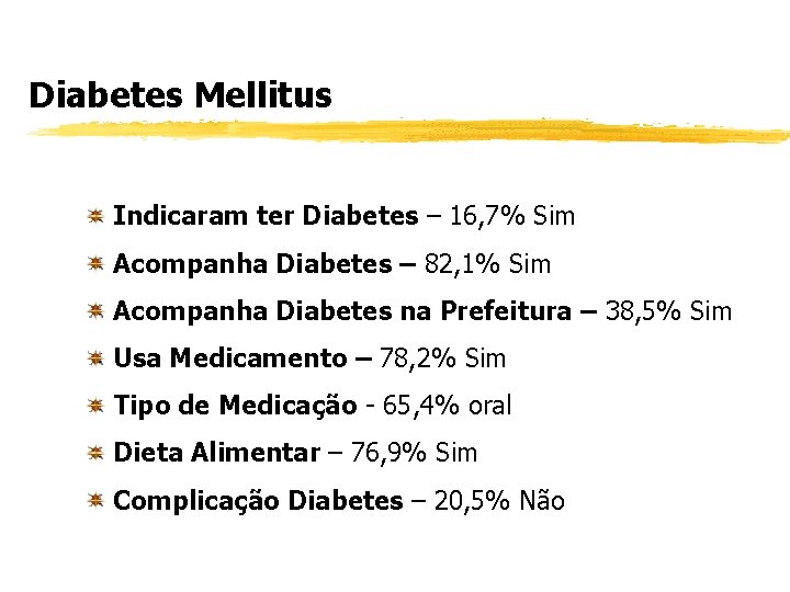 Diabetes Mellitus Indicaram ter Diabetes – 16, 7% Sim Acompanha Diabetes – 82, 1%