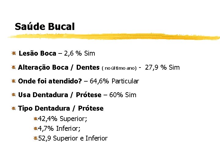 Saúde Bucal Lesão Boca – 2, 6 % Sim Alteração Boca / Dentes (