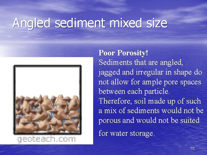 Angled sediment mixed size Poor Porosity! Sediments that are angled, jagged and irregular in