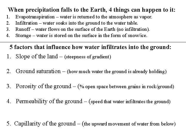 When precipitation falls to the Earth, 4 things can happen to it: 1. 2.