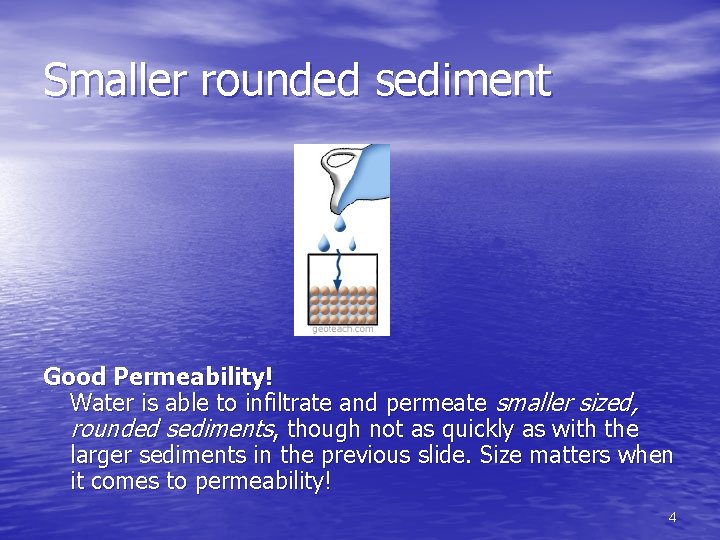 Smaller rounded sediment Good Permeability! Water is able to infiltrate and permeate smaller sized,