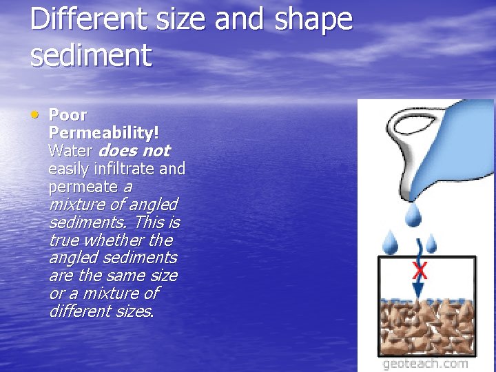 Different size and shape sediment • Poor Permeability! Water does not easily infiltrate and