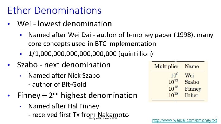 Ether Denominations • Wei - lowest denomination § § • Szabo - next denomination