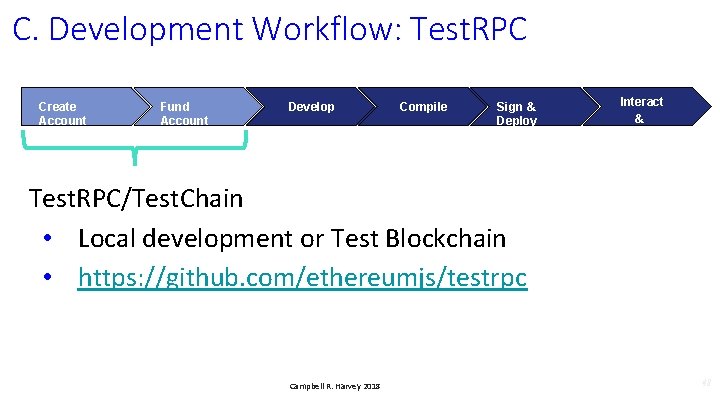 C. Development Workflow: Test. RPC Create Account Fund Account Develop Compile Sign & Deploy