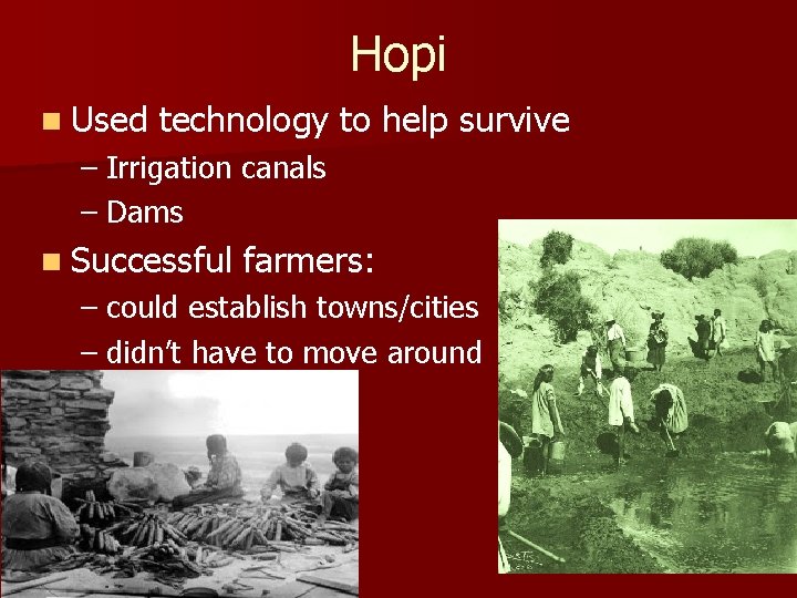Hopi n Used technology to help survive – Irrigation canals – Dams n Successful