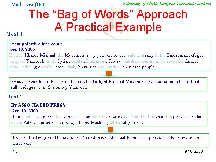 Mark Last (BGU) Text 1 Filtering of Multi-Lingual Terrorist Content The “Bag of Words”