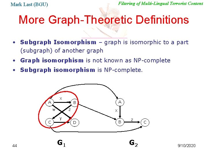 Filtering of Multi-Lingual Terrorist Content Mark Last (BGU) More Graph-Theoretic Definitions • Subgraph Isomorphism