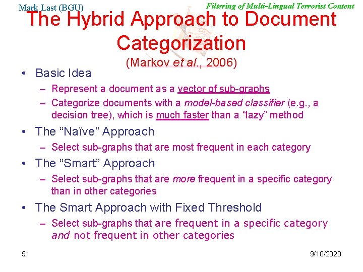 Filtering of Multi-Lingual Terrorist Content Mark Last (BGU) The Hybrid Approach to Document Categorization